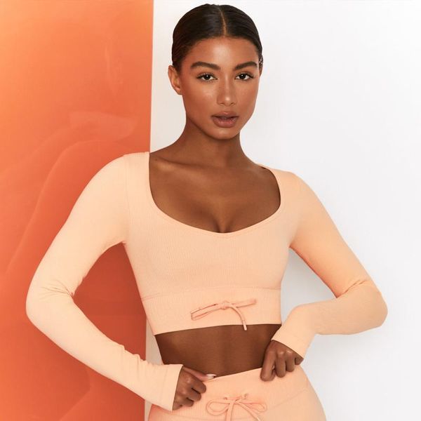 

yoga outfit square neckline seamless shirt crop sport long sleeve gym shirts running t workout activewear