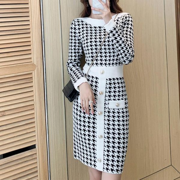 

casual dresses fall winter vintage houndstooth pullover knit sweater dress women korean fashion sheath bodycon mini robe femme, Black;gray