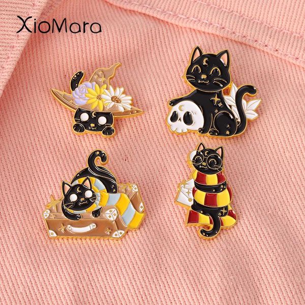 

pins, brooches black cats lapel pins scarf vintage briefcase floral magic hat metal badges for bag fantasy movie jewelry gifts, Gray