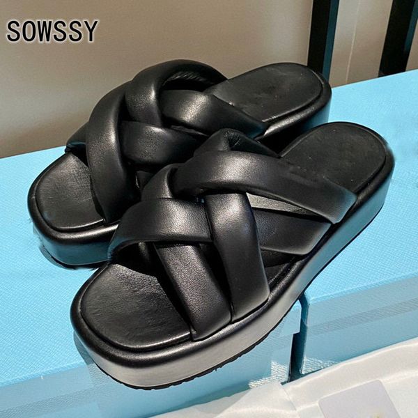 

70% off wholesale flip-flops summer platform women's slippers luxury real leather cross weave fashion comfortable flat sandals concise, Black