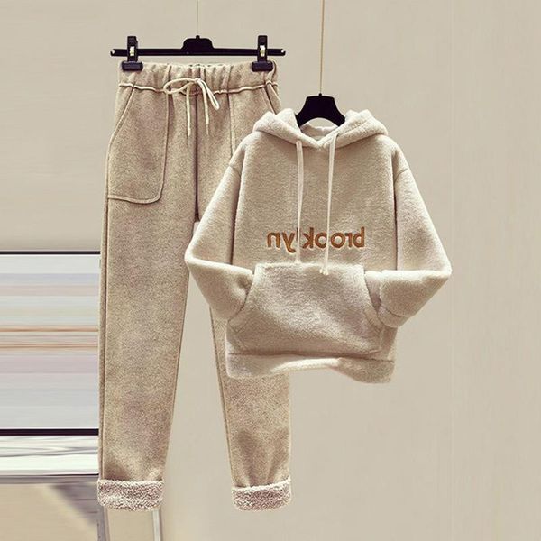 

women's two piece pants women sets 2022 autumn winter hoodies + woolen 2pcs suit warm clothes set plus size s-3xl y111, White