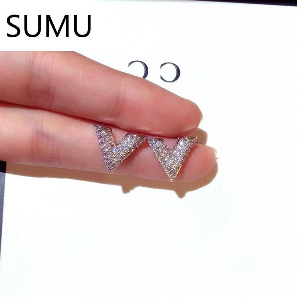 

stud 2021 v shape cute rose gold silver color earrings with bling zircon stone for women fashion jewelry korean, Golden;silver