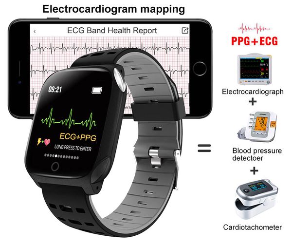 Erkekler Kadınlar Elektrokardiyogram Akıllı İzle EKG PPG Spor Bilezik Kan Basıncı Nabız Uyku Monitör Spor Saat Android IOS Için Sağlık Kol Saati Saatler
