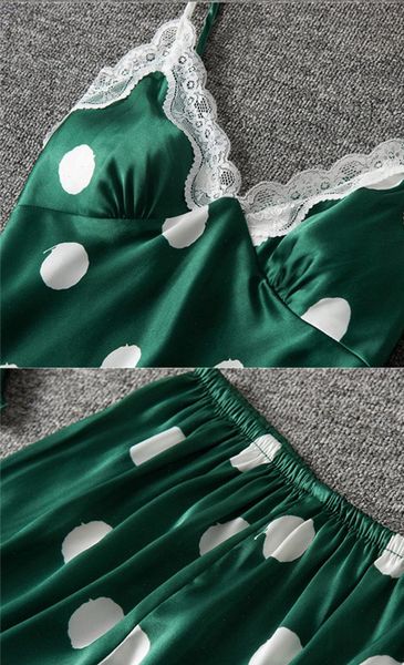 

silk pajamas lingerie women sleepwear cami and shorts lace trim pyjama femme polka dot pijama home clothes, Black;red