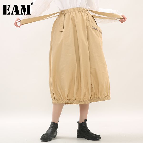 

[eam] high waist khaki black pleated pocket long strap half-body skirt women fashion spring autumn 1dd6263 210512
