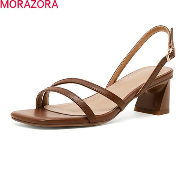 

dress shoes morazora 2021 genuine leather sandals women square toe high heels party casual summer color ladies, Black