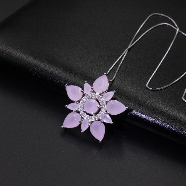 

chains 2021 women jewelry milky pink big flower shape pendant necklace rare trapezoidal cubic zirconia hight quality for, Silver