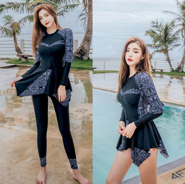 

one-piece suits meiyier long sleeve rash guard swimwear for women lace uv swim shirt skirted 3 pieces surfing suit zipper beach costume