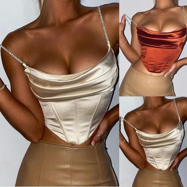 

fashion silk crop womens cami metal chain sling pile collar slim party streetwear corset short, White