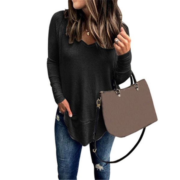 

women splicing loose tee t-shirts fashion trend v-neck long sleeve irregular hem autumn female solid color casual slim bottoming tshirt, White