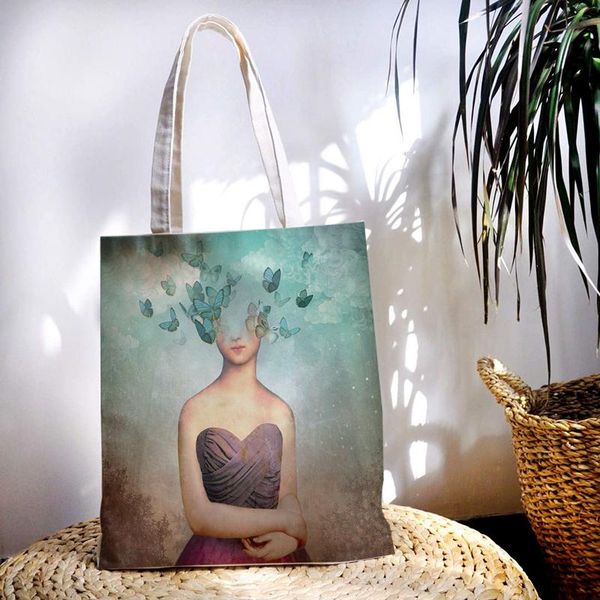 

storage bags oil painting woman portrait shopping bag vintage shopper casual women canvas shoulder large-capacity eco tote