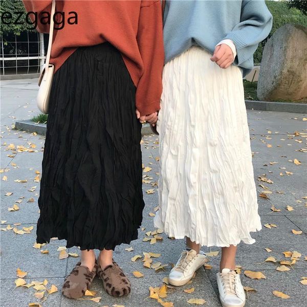 

ezgaga high waist skirts women 2021 autumn white black solid a-line loose ladies pleated streetwear sweet elegant