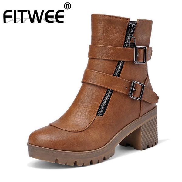 

boots fitwee size 34-43 women ankle high heel zipper winter shoes metal buckle thick warm short botas, Black