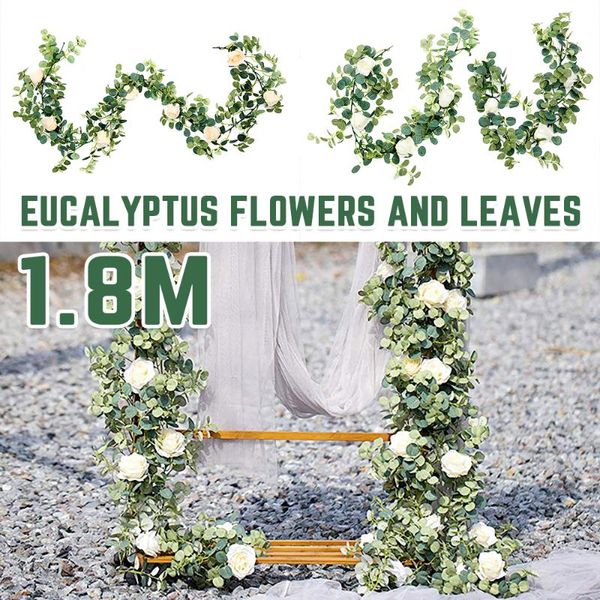 

artificial eucalyptus with rose garland hanging rattan vertical backdrop wall deco vine garden home party wedding decoration decorative flow