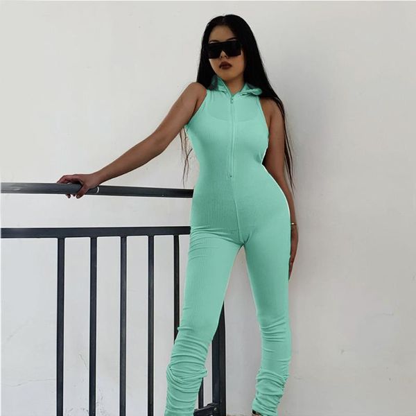 

cotton ribbed jumpsuit turtleneck front zipper overalls solid fitness sleeveless romper women workout clothing women's jumpsuits & romp, Black;white