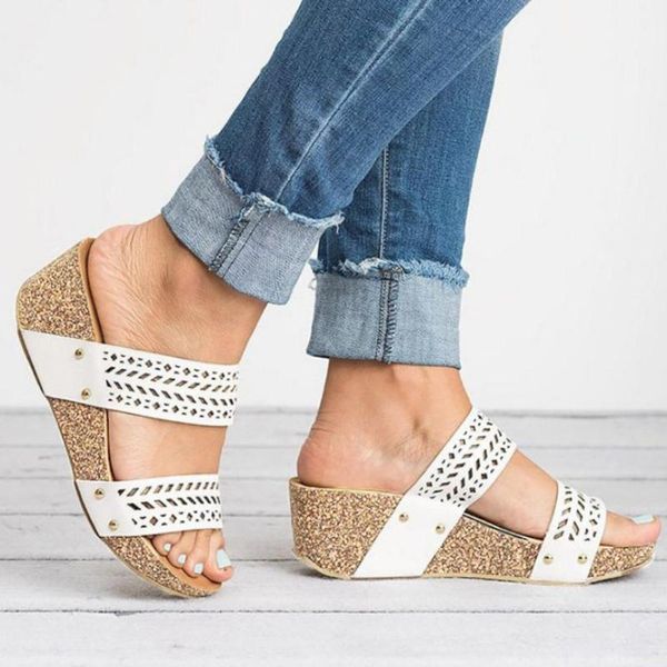 

slippers women summer wedges shoes retro peep toe slipper hollow carved women's beach flip flops outdoor flat, Black