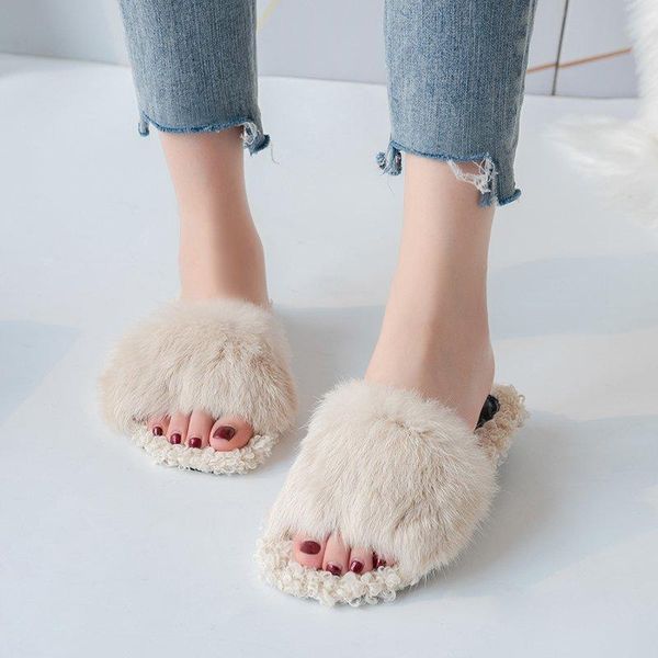 

winter women slippers faux fur warm flat shoes female slip on home furry outdoor slides soft dropshipp, Black