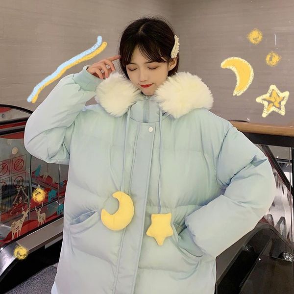 

women's trench coats sweet winter warm coat for women soft girl removable fur collar padded long sleeve lovely jacket kawaii moon and s, Tan;black