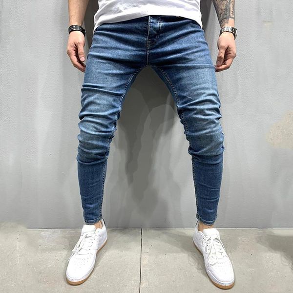 

men's jeans fashion solid denim trouser distressed long pencil pants streetwear men trousers pantalon homme, Blue