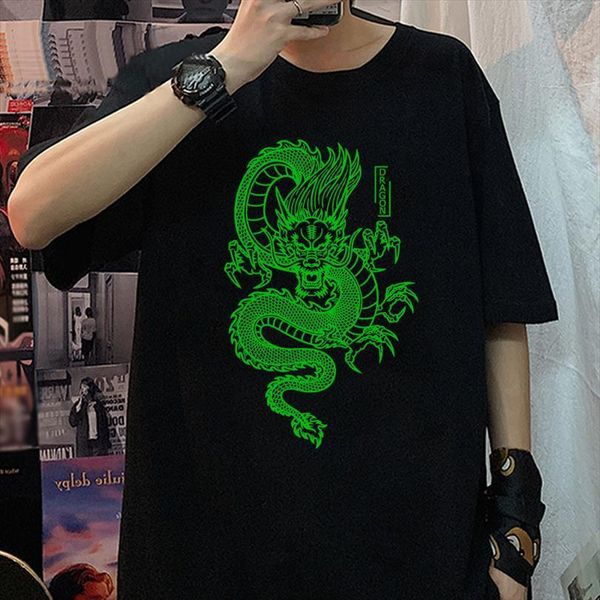 

harajuku summer vintage cool men t shirts chinese dragon print oversize short sleeve shirt streetwear casual, White;black