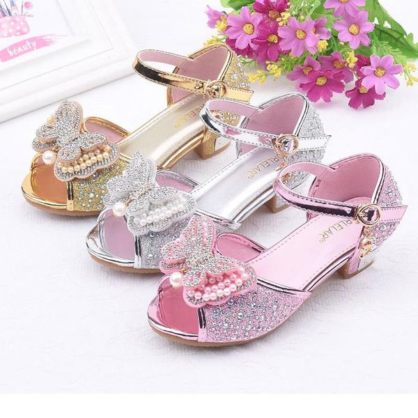 

sandals girls crystal princess high heel dress shoes sequined bowtie kids party wedding teenage graduation festival sandal, Black;red