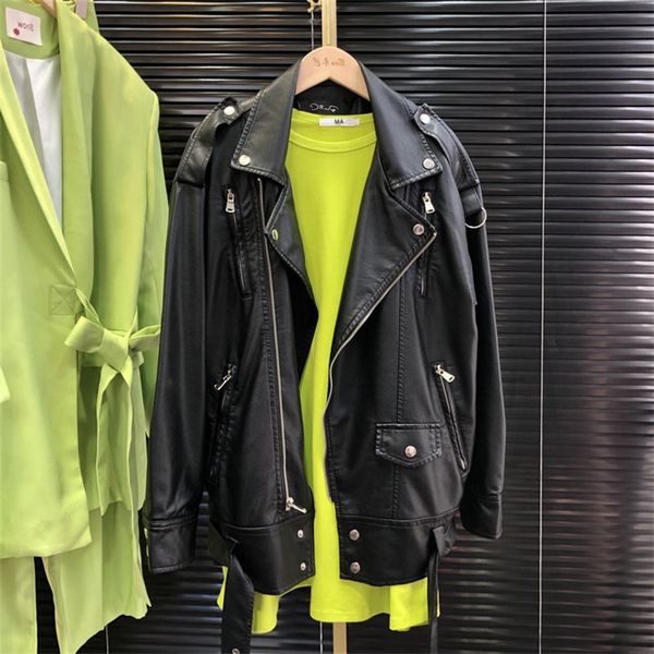 

medium long black pu leather jacket women's 2021 spring and autumn chicins trendy