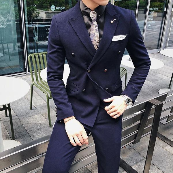 

men's suits & blazers 2021 suit business anti-wrinkle slim fit luxury italian style men double breasted set (suit+vest+pants), White;black