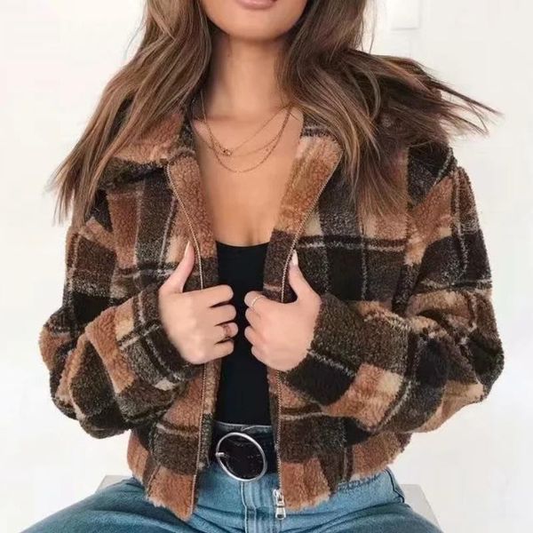 

women's jackets women thick warm fake fleece fluffy overcoat 2021 plaid teddy coat faux fur coats bear outerwear casual, Black;brown