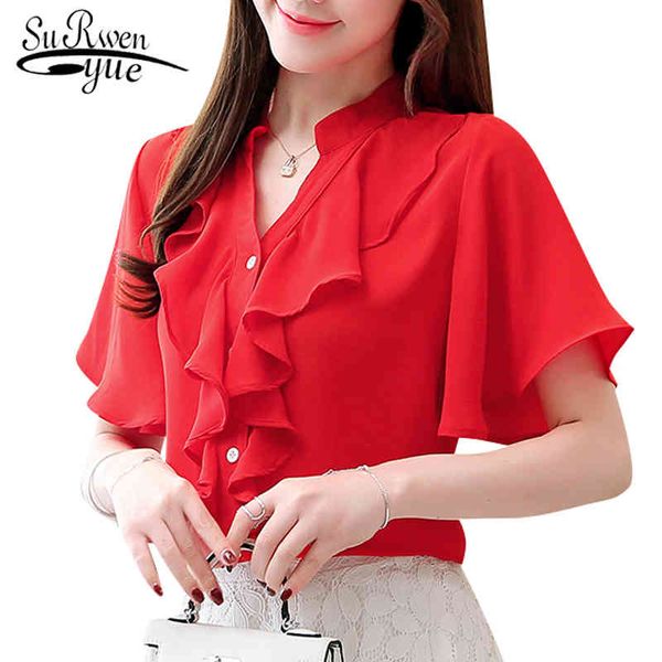 

womens and blouses blusas mujer de moda short sleeve v-neck white chiffon blouse shirts 3780 50 210427