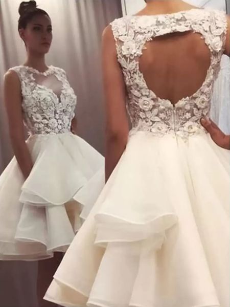 

boho beach bridal gowns short puffy a line wedding dresses applique backless sleeveless girls' special party birthday wear custom made, White