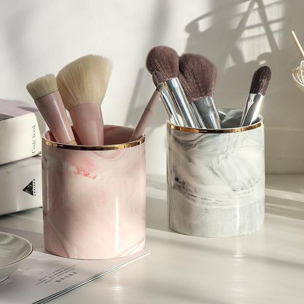 

storage boxes & bins 1pcs marble cosmetic make-up brush box table organizer makeup nail polish holder make up tools pen rack