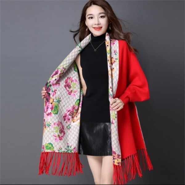 

women cardigans long tassel floral printed knitted warm cloak batwing sleeve wrap swing sweater autumn winter 210427, White;black