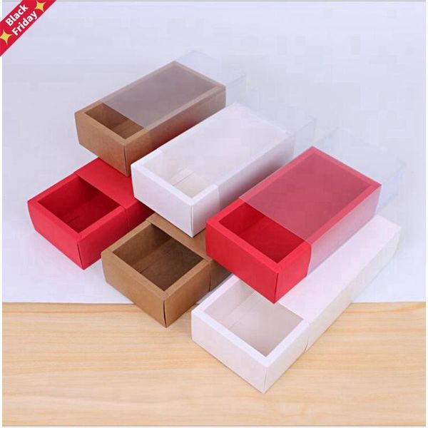 

10pcs kraft paper packing box with forsted transparent cover drawer display gift wedding cookie candy cake boxes wrap
