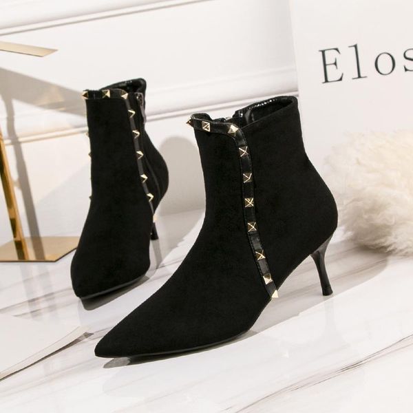 

boots women's small thin heels crystal solid flock zipper short ankle booties 2021 winter warm plush rivets shoes woman, Black