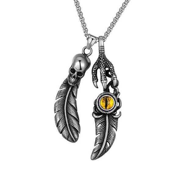 

chains stainless steel vintage punk rock evil eye feather wing skull pendant necklace jewelry gift for him with chain, Silver