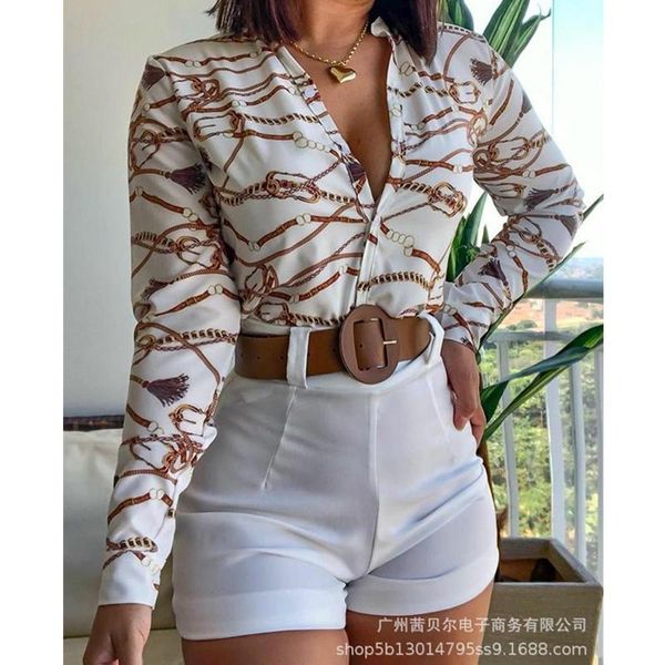 

women's blouses & shirts wepbel women chain print blouse ladies elegant skinny long sleeve slim fit shirt top, White