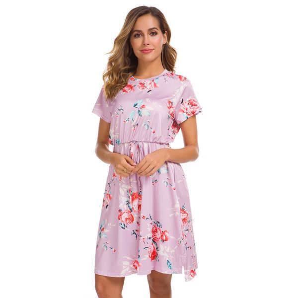 

summer new women's round neck lace up waist casual printed dress, White