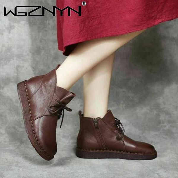 

boots autumn winter genuine pu leather ankle handmade lady soft flat shoes comfortable casual moccasins side zip, Black