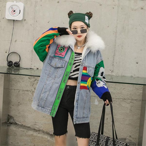 

women's jackets pattern beading patchwork cozy coat winter thick jean jacket wool liner high street denim outfit with detachable real f, Black;brown