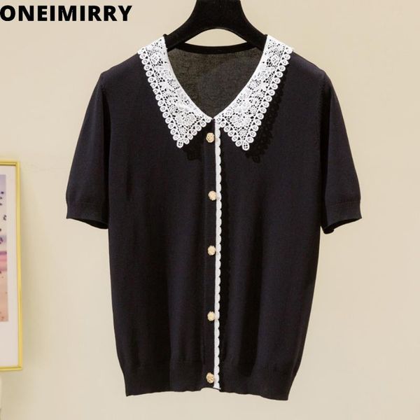 

oneimirry lace stitching black knitted women t shirts summer thin soft plus size clothes elegant lady office wear tshirt women's t-shi, White