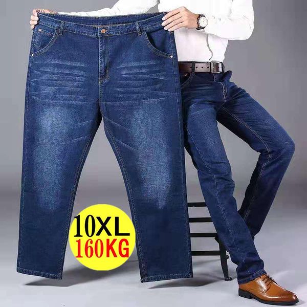 

men's jeans black clothing streetwear trend brand loose trousers plus fat breathable straight casual pants oversize 10xl, Blue
