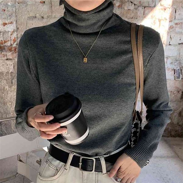 

turtleneck sweater women long sleeve slim chic high stretch plain knitwear jumper pullovers black knit 210601, White;black