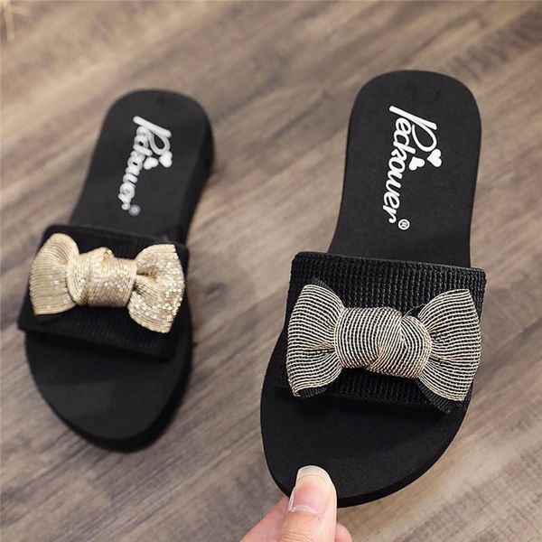 

slippers women bow slipper 2021 summer flat shoes wedges platform slides ladies casual non-slip outdoor beach flip flop #40, Black