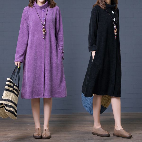 

woman dressed in autumn and winter literary retro-loose solid color turtleneck high midi femme dress casual f2582 3wo3, Black;gray