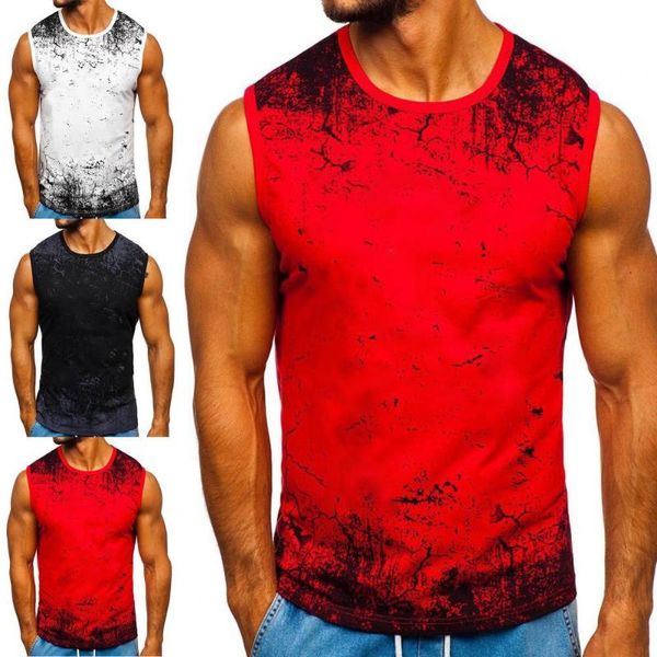 

men' tank sports running t-shirt men gym fitness o neck print vest sleeveless slim bodybuilding streetwear workout shirt, White;black