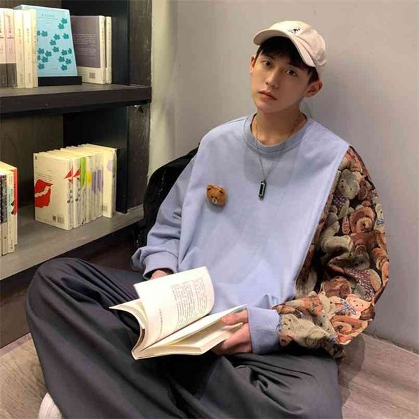 Privattinker Masculino Casual Oversize Patchwork Moletons Mulher Coreano Streetwear Hoodies Urso Gráfico Impresso Homem Vestuário 210813