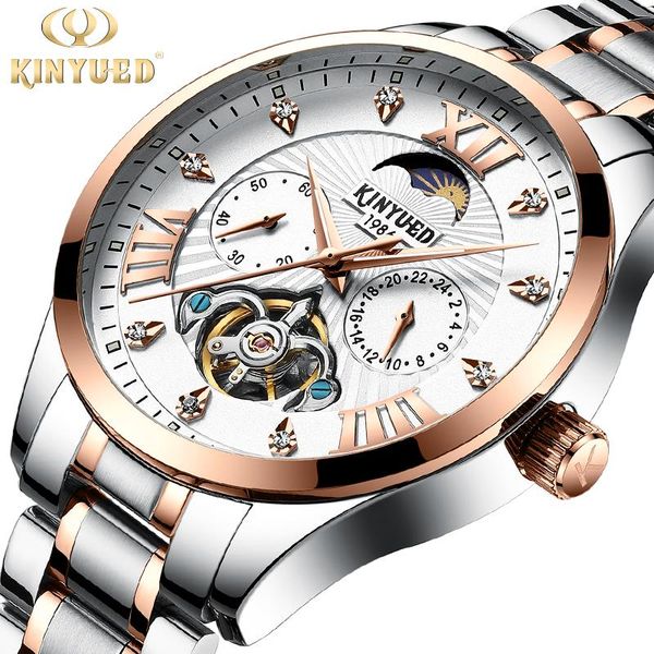

wristwatches kinyued 2021 men mechanical automatic tourbillon business casual mens moon phase sports watches horloges mannen, Slivery;brown