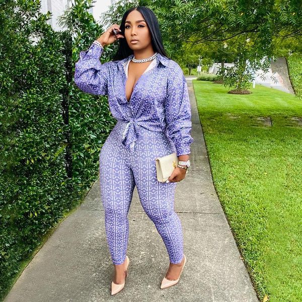 

plus size tracksuits two piece sets women clothing aesthetic print long sleeve blouse+skinny pencil pants drop wholesale, Black