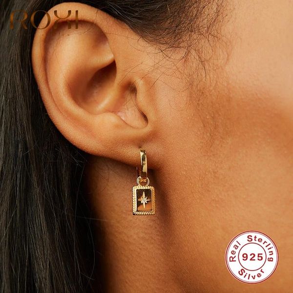 

hoop & huggie roxi rectangle earrings for women girls zircon crystals stars 925 sterling silver pendientes punk earring, Golden;silver