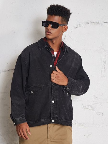 

men flower and number embroidered flap detail denim jacket b6vk#, Blue